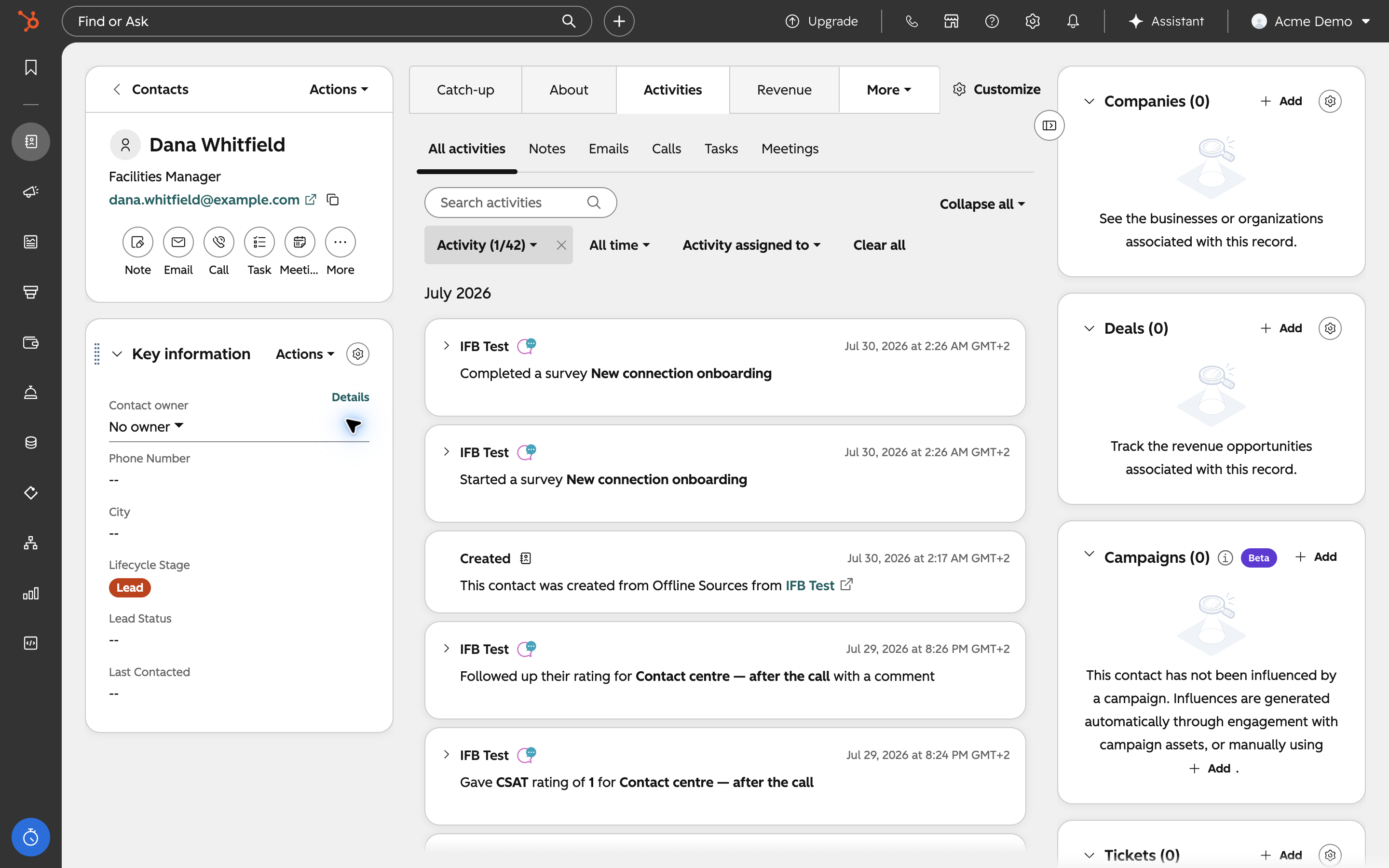 An InstantFeedback feedback event on a HubSpot contact timeline.