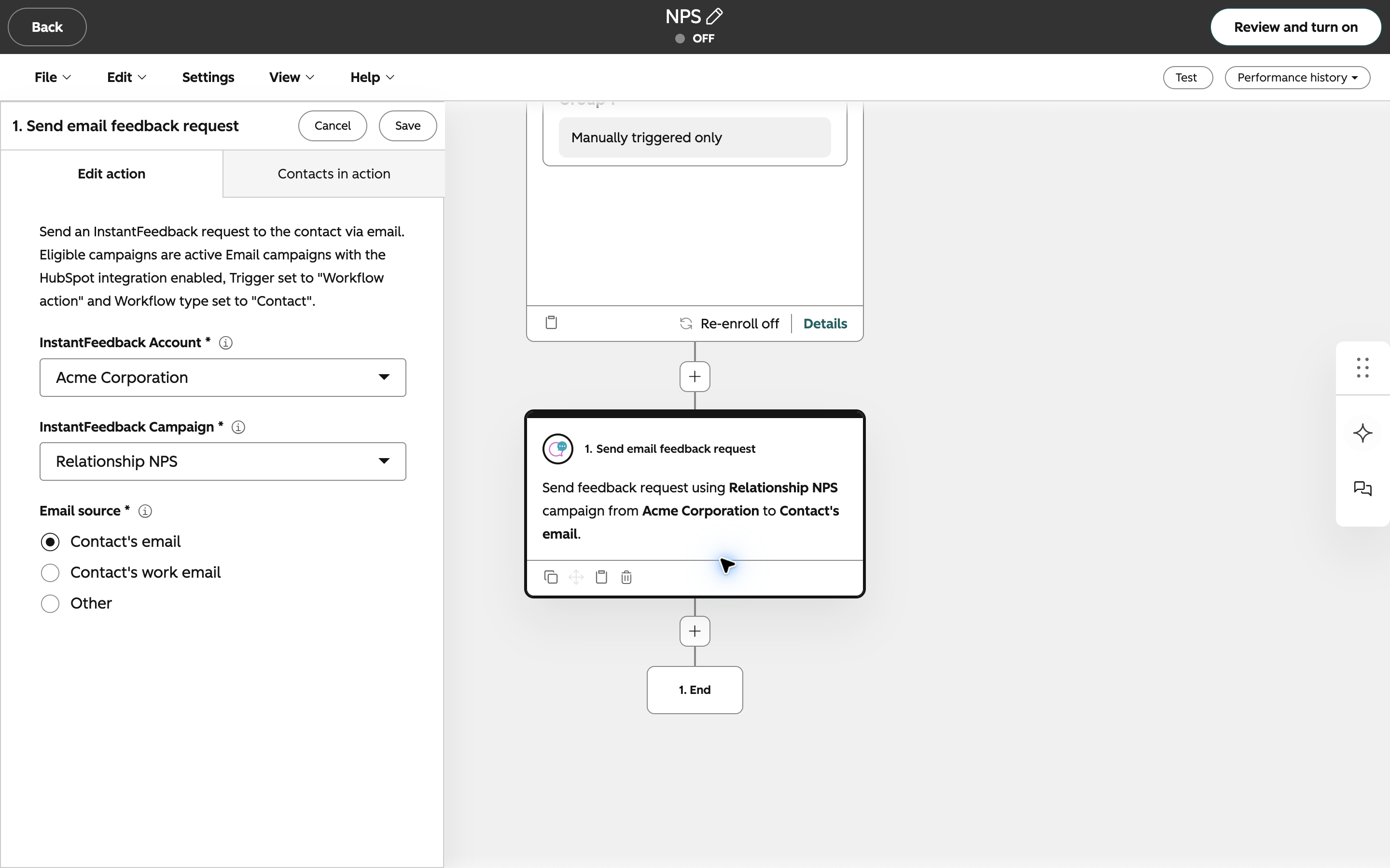 The InstantFeedback send-feedback-request action configured inside a HubSpot workflow.