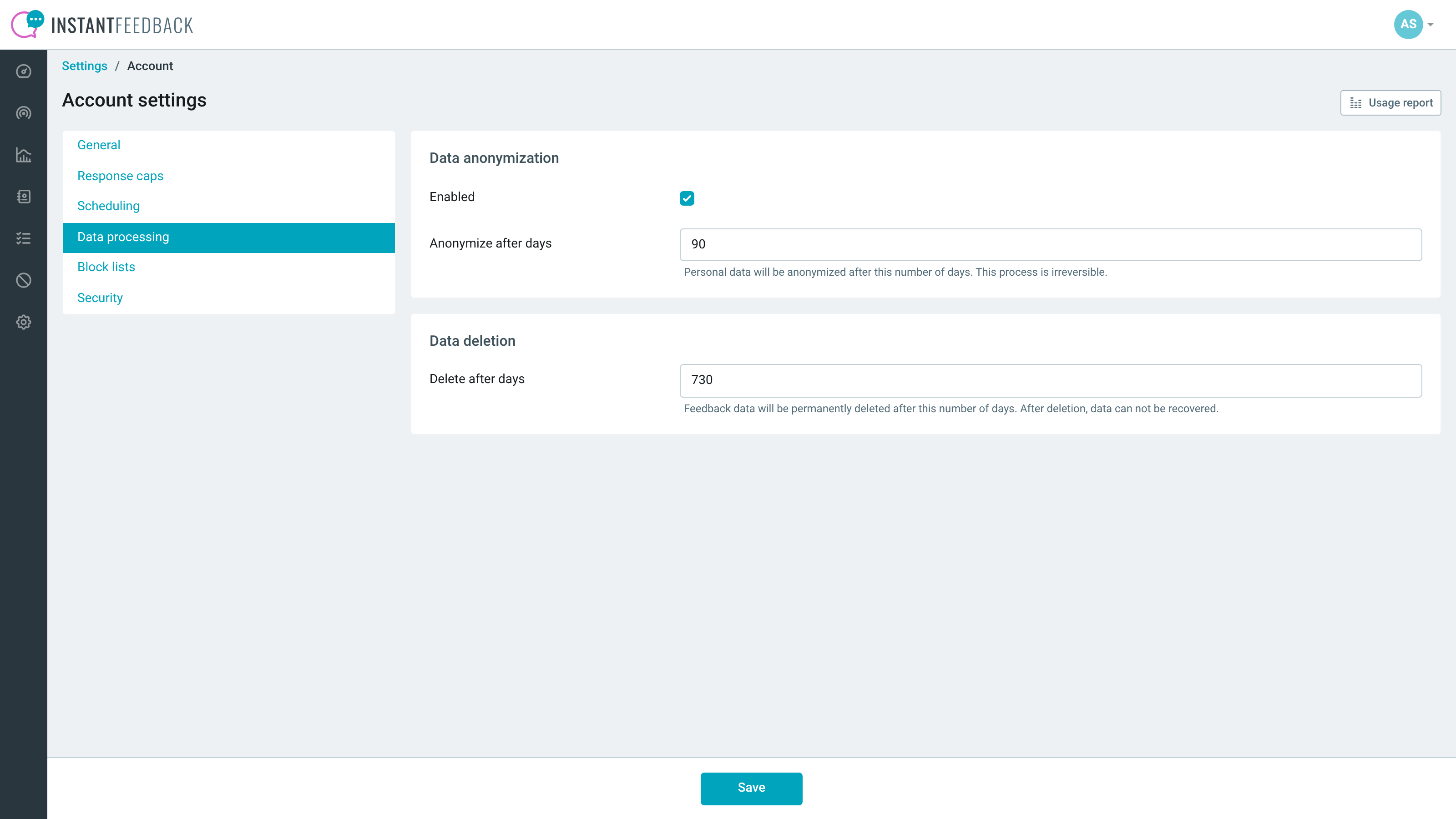 InstantFeedback data-retention and anonymisation settings.