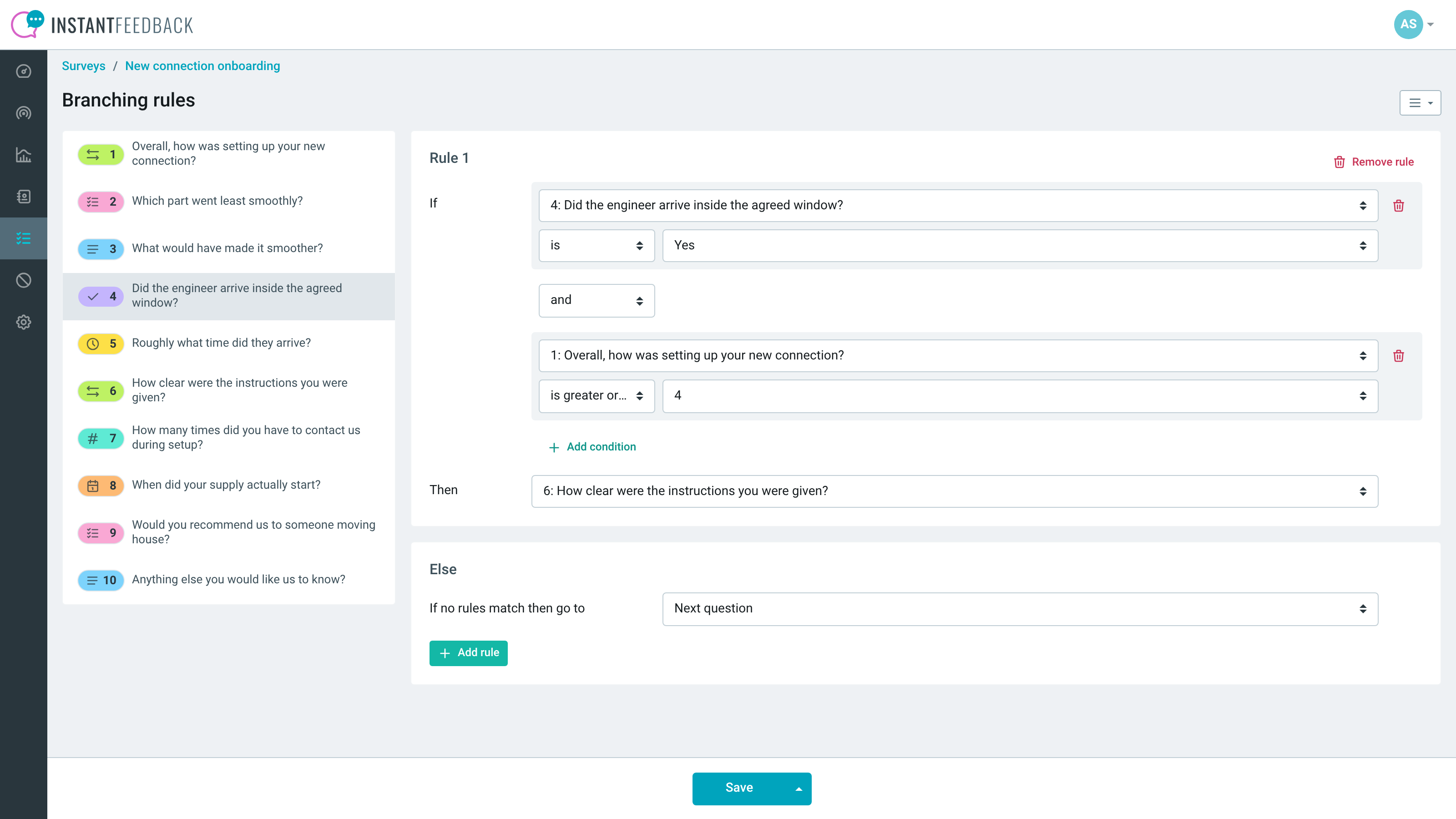 The InstantFeedback survey editor showing a branching rule with combined AND/OR conditions.