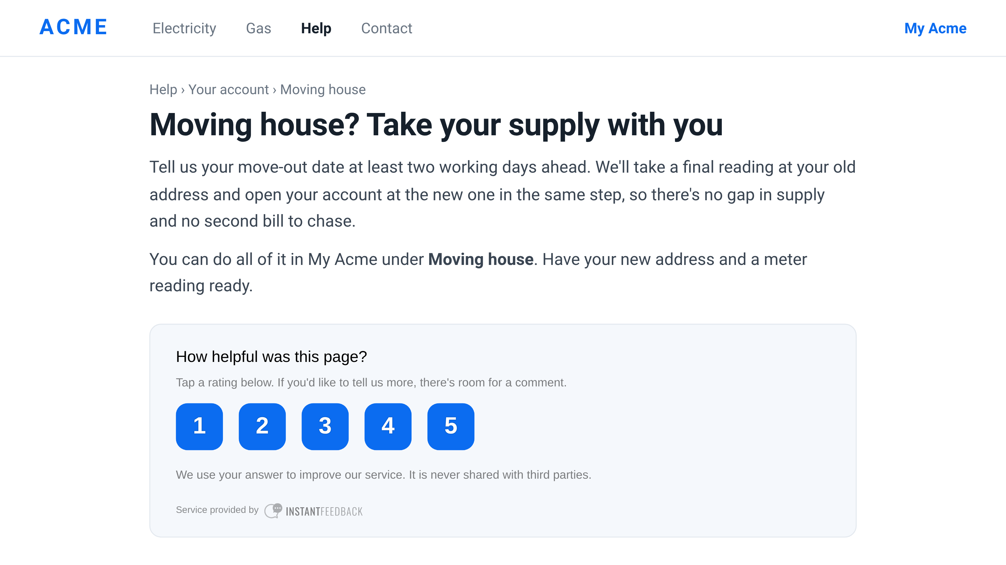 The InstantFeedback widget embedded at the foot of a help article on a customer's website.